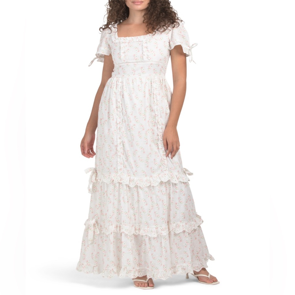AMY JANE LONDON HEIDI MAXI DRESS PINK FLORAL FADED ROSE RUFFLED TRIM EYELET